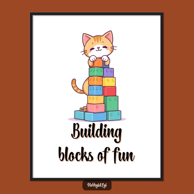 Free Printable Wall Art: Cat Building Blocks Tower - Whimsical Downloadable Decor