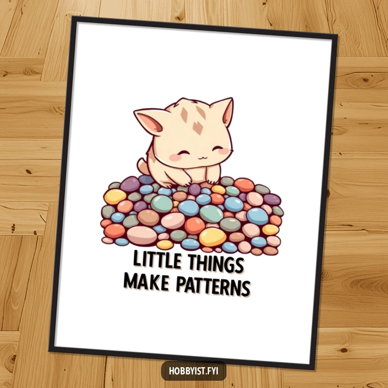 Funny Free Printable Wall Art of a curious creature with pointy ears meticulously arranging colorful pebbles into a pleasing pattern.