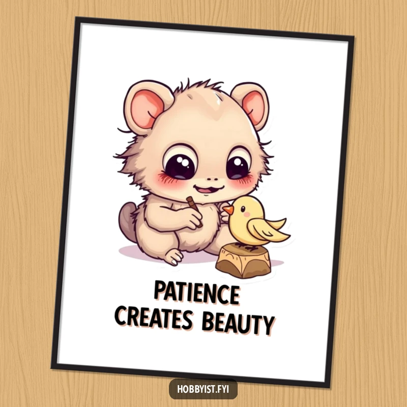 Funny Free Printable Wall Art of a cheerful creature with large eyes diligently carving a tiny wooden bird, showcasing meticulous artistry.