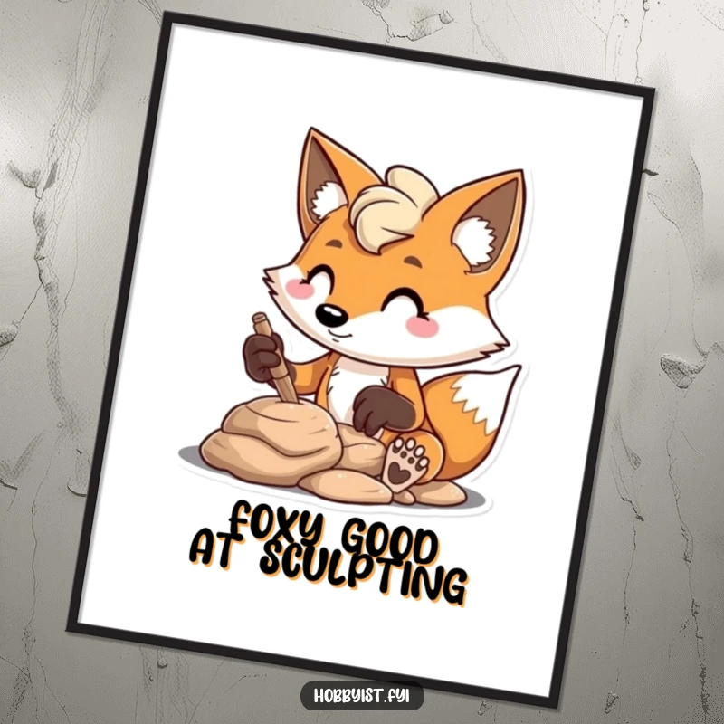 Funny free printable wall art of a mischievous fox character engrossed in enthusiastically sculpting clay with a highly focused, determined expression.