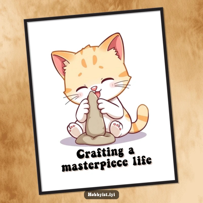 Funny Free Printable Wall Art of a playful cat concentrating hard while sculpting a small, abstract clay figure with artistic intensity.