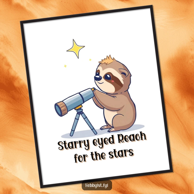 Funny Free Printable Wall Art: A curious sloth peeks through a telescope, intently watching a distant, twinkling star.
