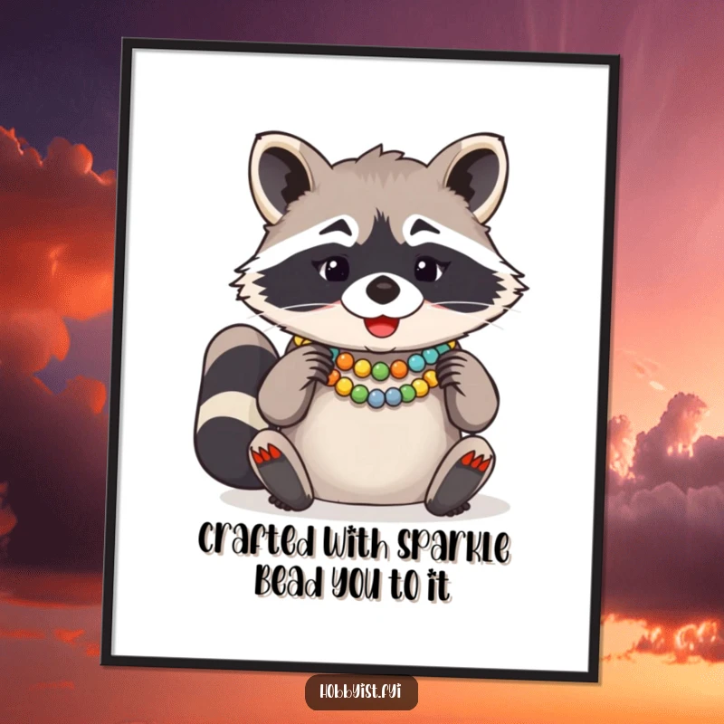 Funny Free Printable Wall Art: A giggling raccoon is engrossed in expertly arranging colorful beads for a unique necklace.