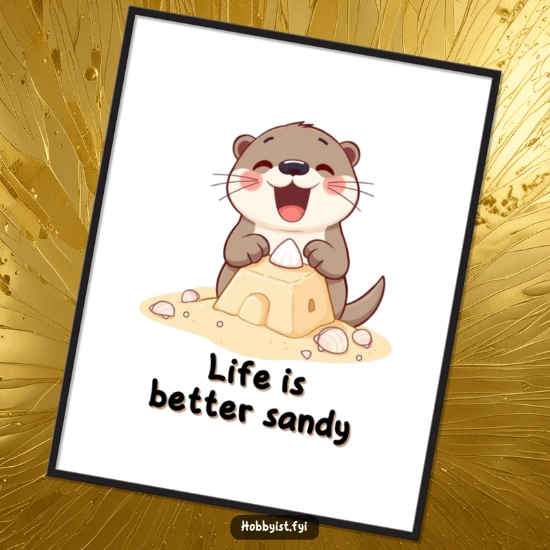 Funny Free Printable Wall Art: An excited otter gleefully building a sandcastle with tiny shells, near the ocean.