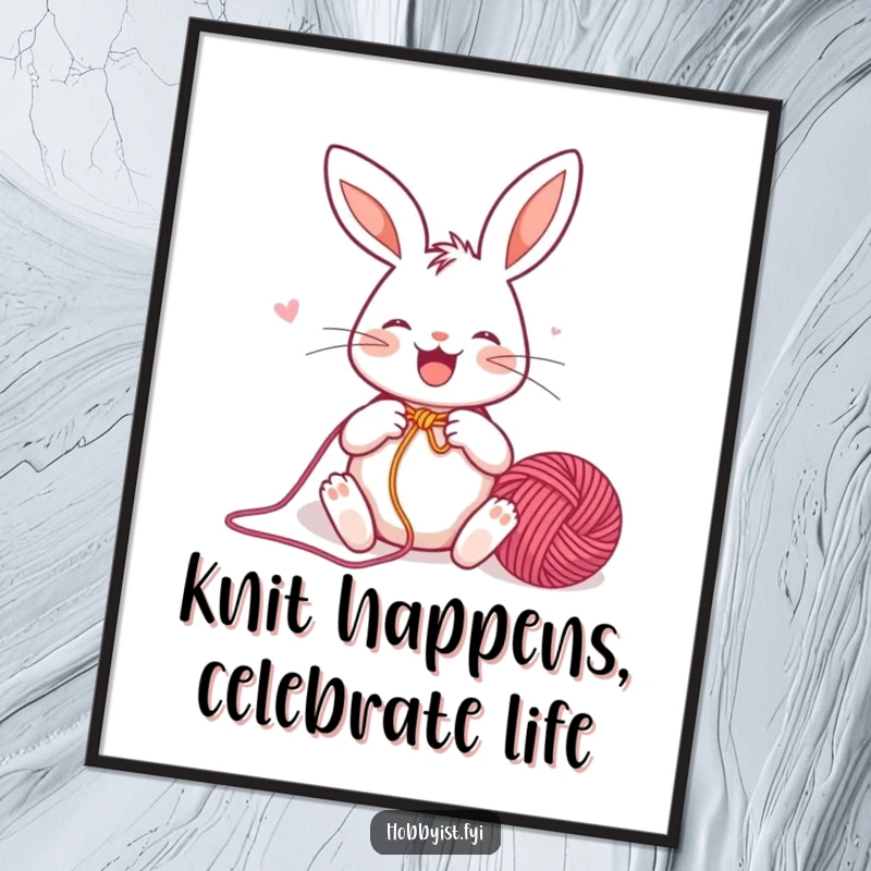 Funny Free Printable Wall Art: A joyful rabbit enthusiastically knitting a colorful yarn ball, with needles in motion.
