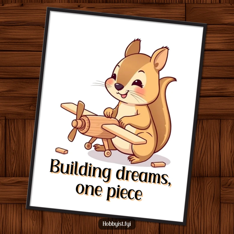 Funny Free Printable Wall Art: A happy squirrel meticulously assembling a small wooden model airplane, looking focused and skilled.