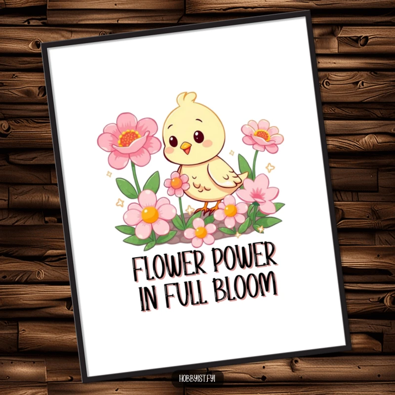 Funny Free Printable Wall Art: A happy bird tending a garden of giant, sparkling flowers, creating a cheerful atmosphere.