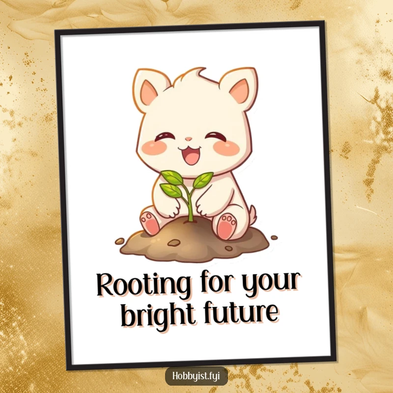 Funny Free Printable Wall Art: a joyful creature with small paws planting a tiny, glowing sapling, symbolizing hope and new beginnings.