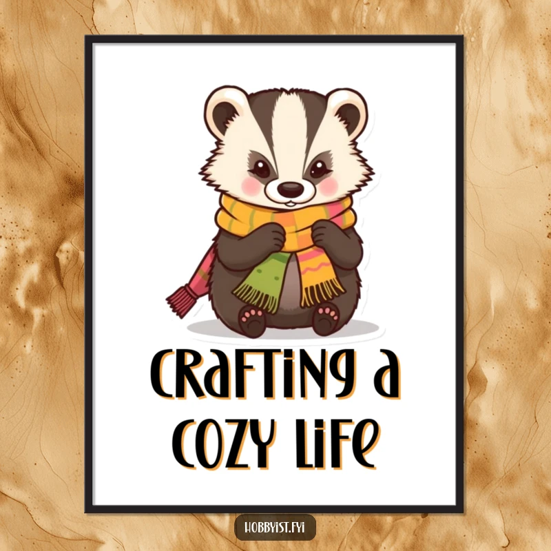 Funny Free Printable Wall Art: A skilled kawaii badger character expertly knitting a miniature, brightly colored scarf with a satisfied expression.