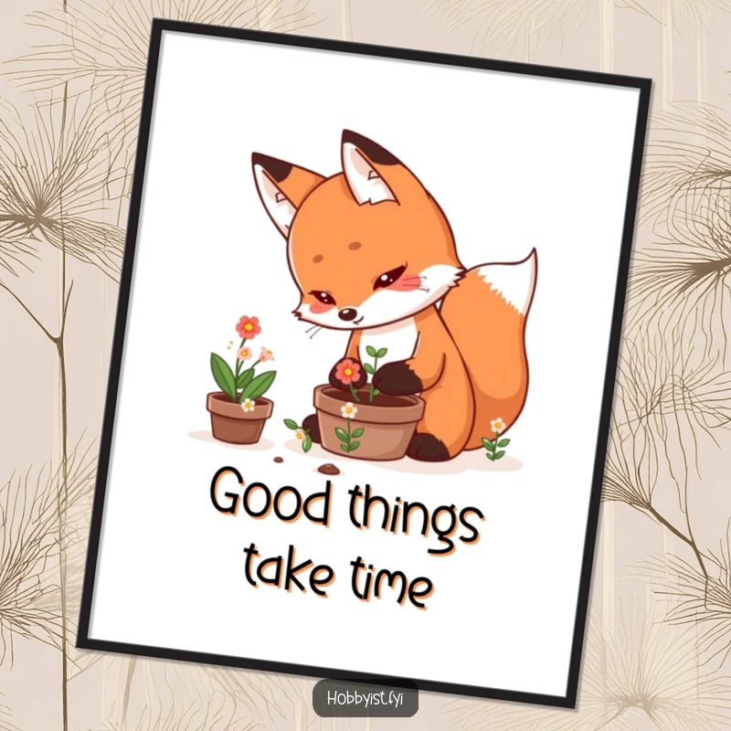 Funny Free Printable Wall Art: A determined kawaii fox character meticulously caring for a pot of miniature, beautifully blooming flowers.