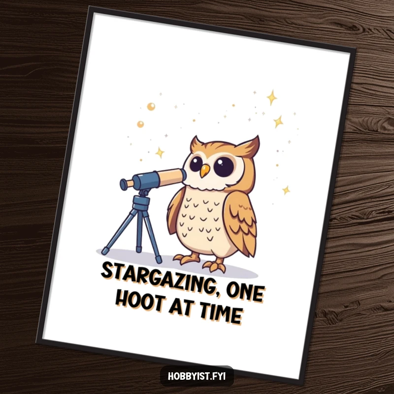 Funny Free Printable Wall Art: A proud owl gazes intently through a telescope at a vast, starry sky. Downloadable art.