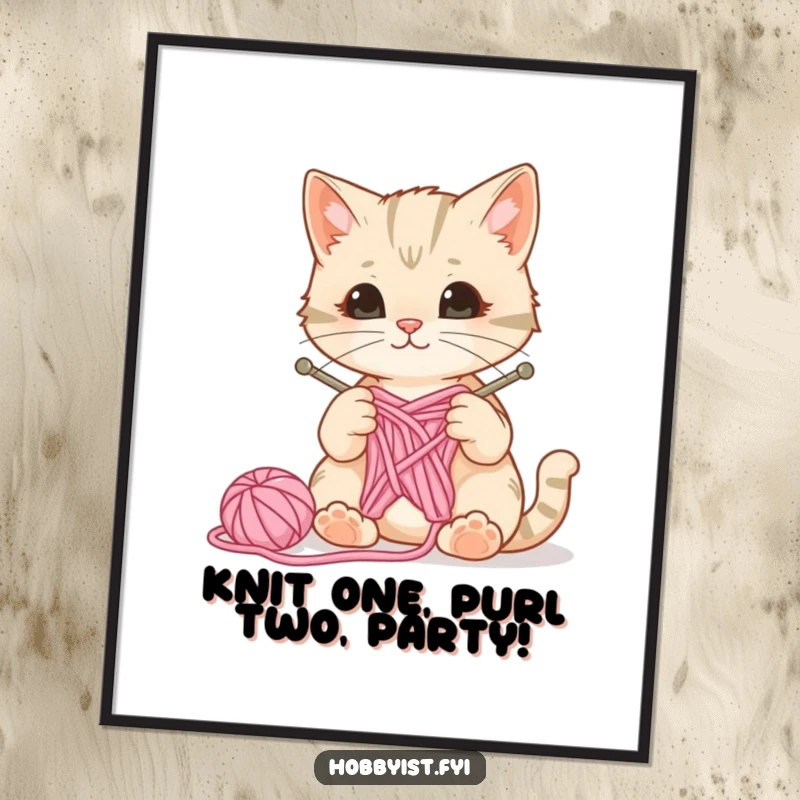 Funny Free Printable Wall Art: Curious cat playing with knitting needles and yarn, a wool ball bouncing, creating a whimsical scene.