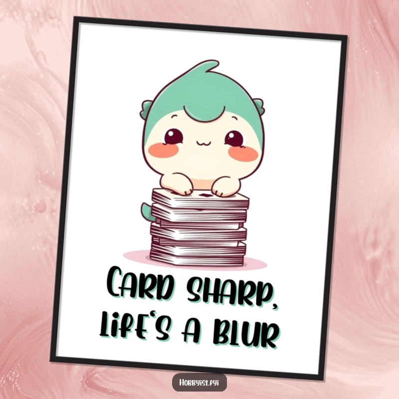 Funny Free Printable Wall Art: A creature with a small smile attempts to balance a tall, unsteady stack of playing cards, showcasing quirky artistic flair.