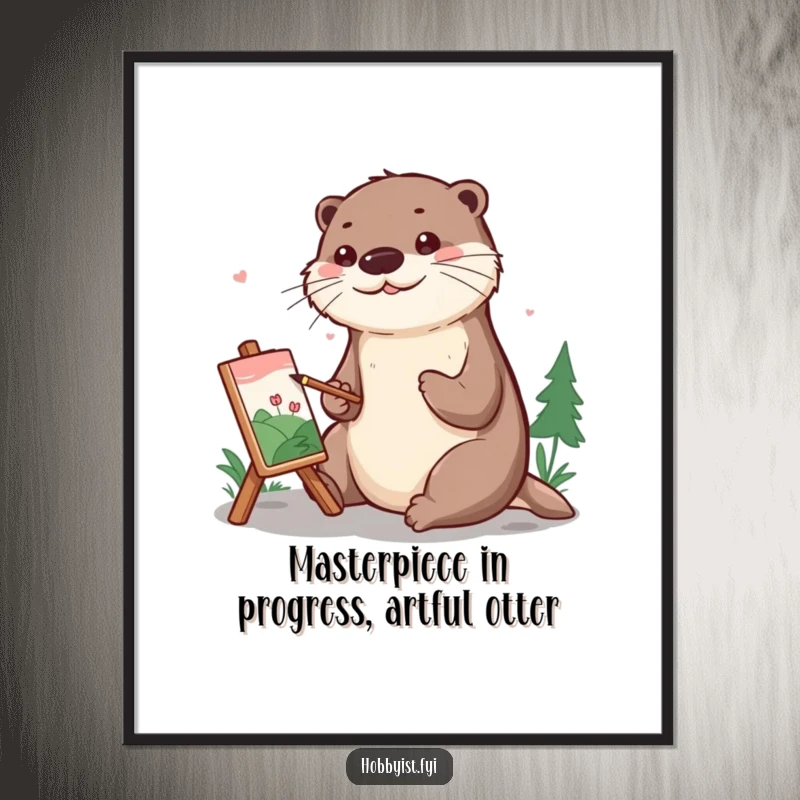 Funny Free Printable Wall Art: A cute otter artist intently painting a detailed miniature landscape on an easel.