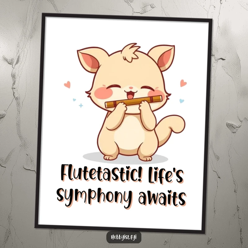 Funny Free Printable Wall Art: A happy creature with a wagging tail enthusiastically plays a miniature flute, creating a whimsical musical scene.