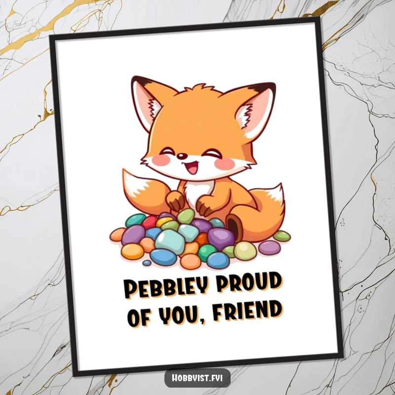 Funny Free Printable Wall Art: A little fox excitedly arranging colorful pebbles into a detailed mosaic, showcasing artistic talent and charm.