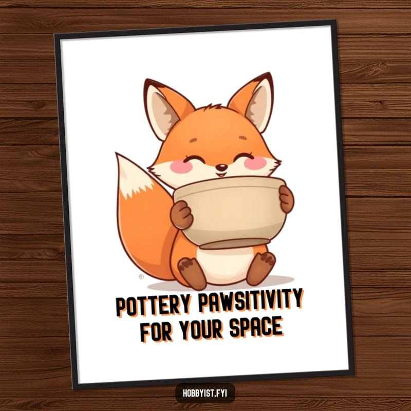 Funny Free Printable Wall Art: Happy fox holding a beautifully crafted ceramic pot, proud artist theme, whimsical decor.