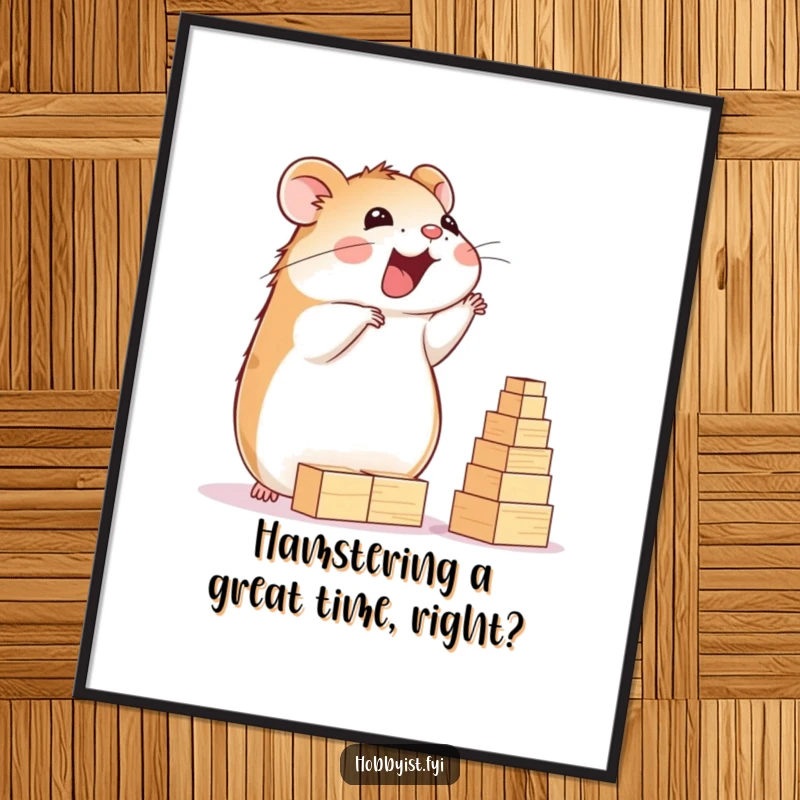 Funny Free Printable Wall Art: A delighted hamster happily building a very tall tower of tiny wooden blocks, showcasing focus and fun.
