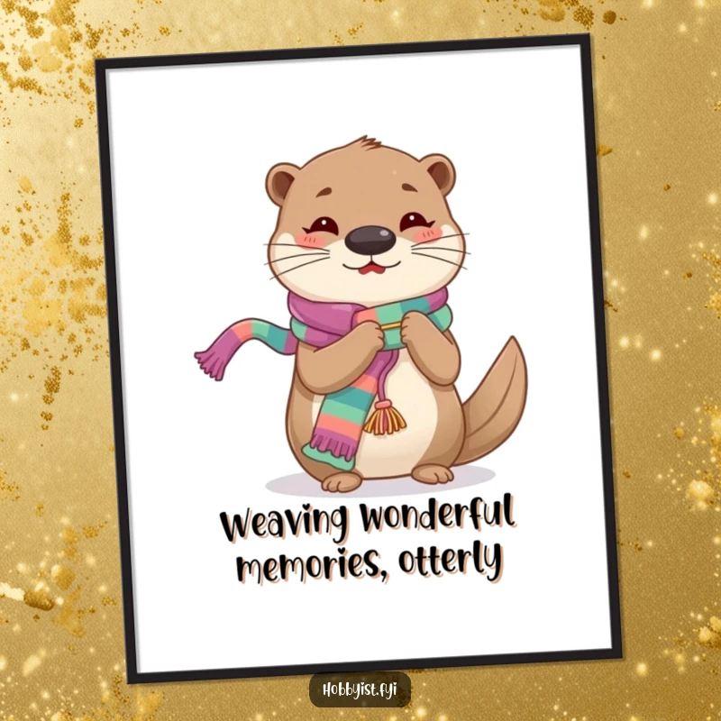 Funny Free Printable Wall Art: A cheerful otter character intently knits a long, brightly colored scarf.