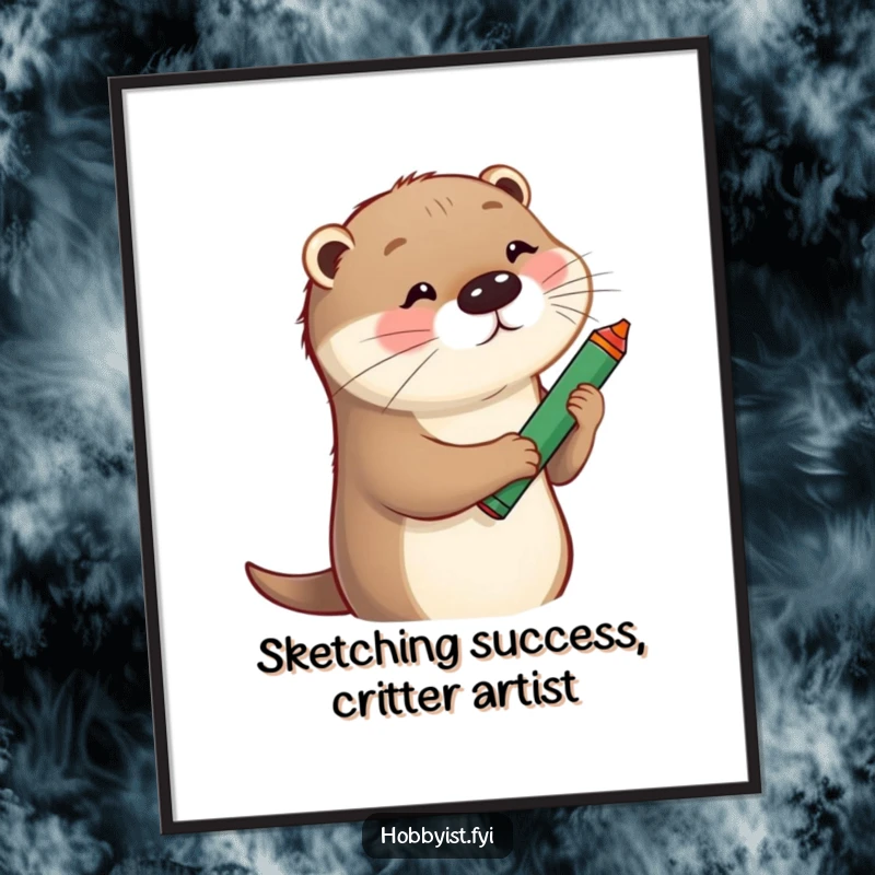 Funny Free Printable Wall Art: A cute otter with a big crayon, enthusiastically sketching a funny, abstract portrait.