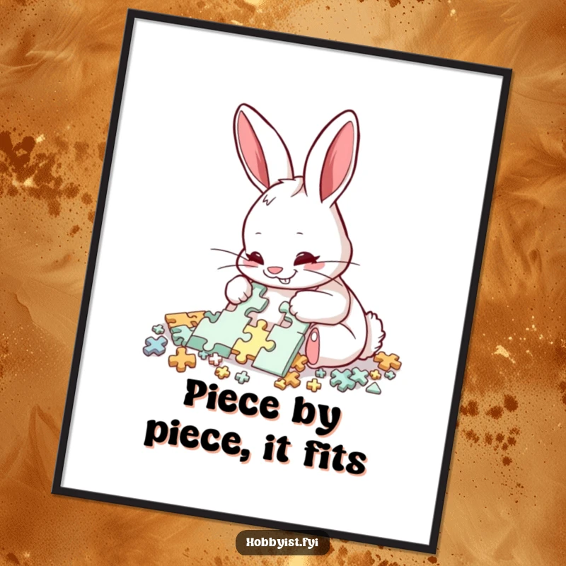 Funny Free Printable Wall Art: A delighted rabbit is meticulously assembling a complex jigsaw puzzle with intense, focused concentration.