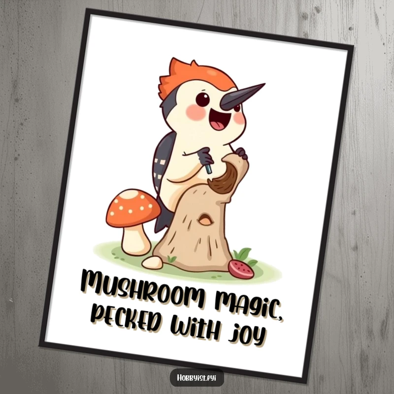 Funny Free Printable Wall Art: Joyful woodpecker drilling into a mushroom, detailed forest art, nature theme.