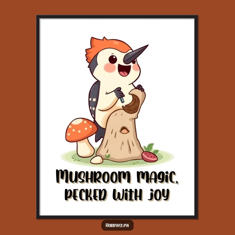 Funny Free Printable Wall Art: Woodpecker Mushroom Art, Unique Downloadable Decor