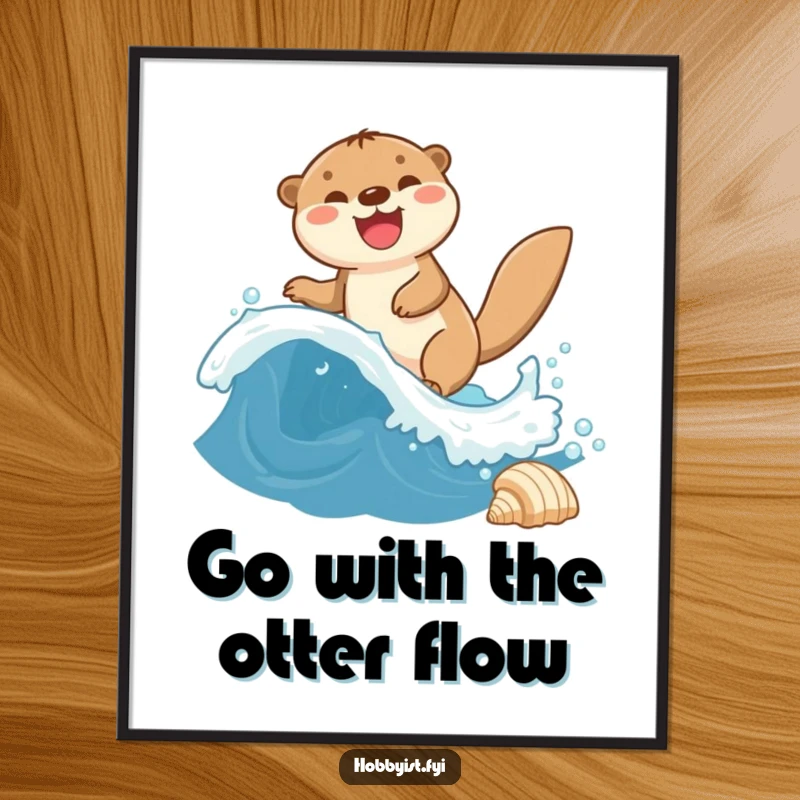 Funny Free Printable Wall Art: A giggling otter joyfully rides a miniature wave towards a seashell, embracing aquatic fun. Downloadable art.