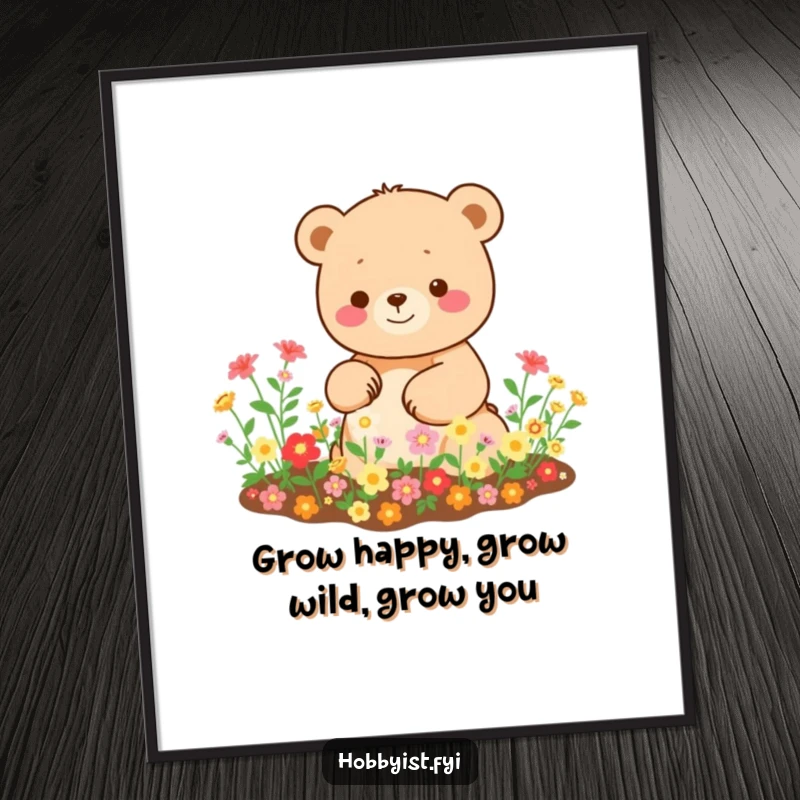 Funny Free Printable Kawaii Bear Wall Art, a happy bear tending a flourishing miniature garden, ideal for downloadable decor.