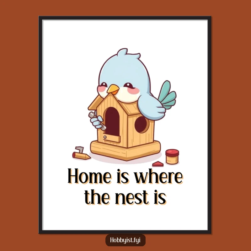 Funny Free Printable Wall Art: Bird Building Miniature Birdhouse, Humorous Downloadable Decor