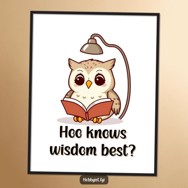 Funny free printable wall art of a wise owl comfortably reading a small book under a lamp, creating a peaceful scene.