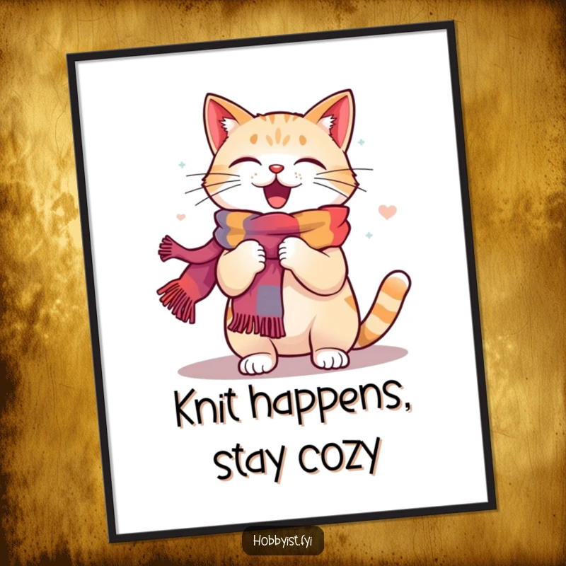 Funny Free Printable Wall Art: A happy cat is actively knitting a long, colorful scarf with energetic, joyful movements.