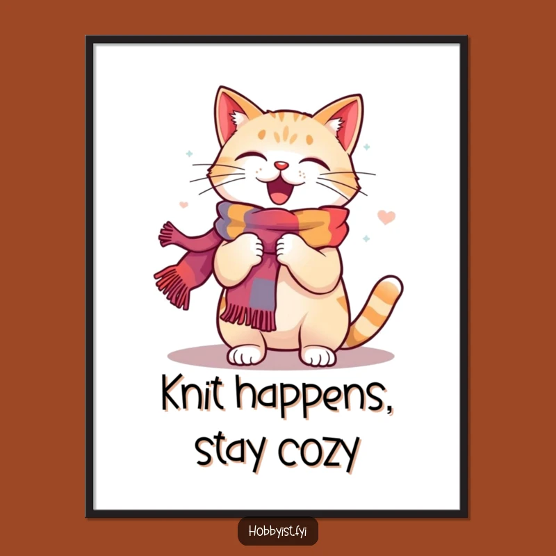 Funny Free Printable Wall Art: Happy Cat Knitting Colorful Scarf, Humorous Downloadable Decor