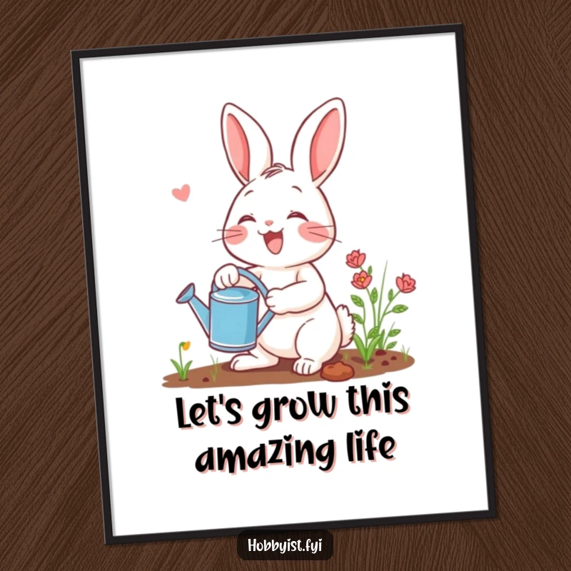 Funny Free Printable Wall Art of a joyful rabbit enthusiastically gardening, holding a tiny watering can among blooming flowers.