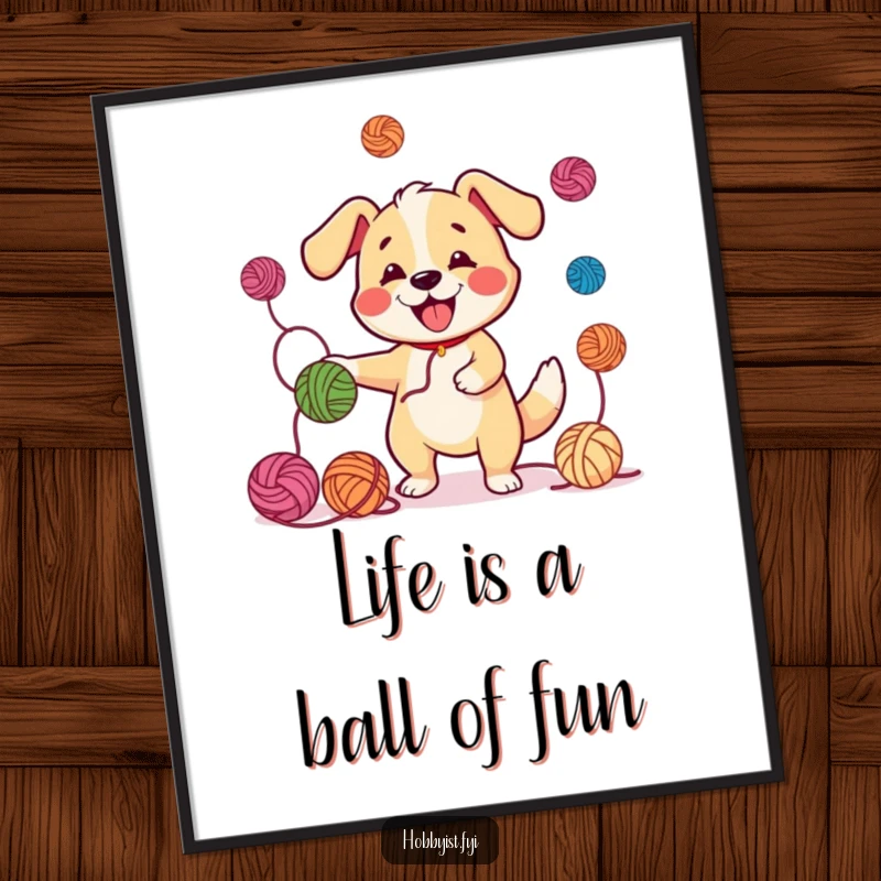 Funny Free Printable Wall Art: A cheerful dog with a rapidly wagging tail energetically juggles several colorful balls of yarn.