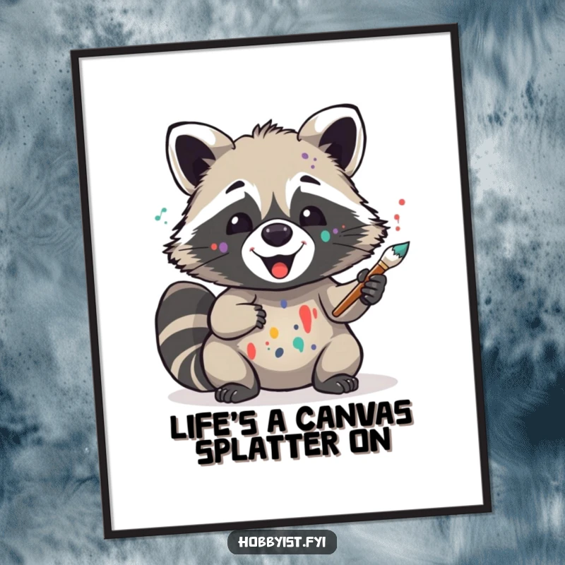 Funny Free Printable Wall Art: A delighted raccoon artist with paint splatters on its face, holding a brush, creating a humorous masterpiece.
