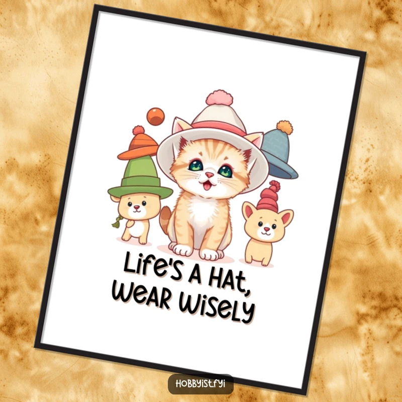 Funny Free Printable Wall Art: A curious kitten happily tries on various oversized hats, creating whimsical and stylish decor.