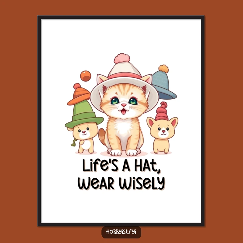 Free Printable Wall Art: Kitten Oversized Hat Fashion Decor, Downloadable DIY Gift