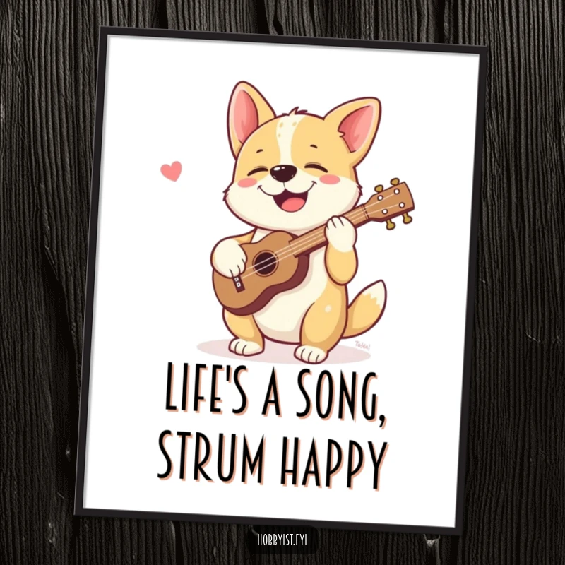Funny Free Printable Wall Art: A giggling dog happily strums a tiny ukulele, creating cheerful and playful decor.