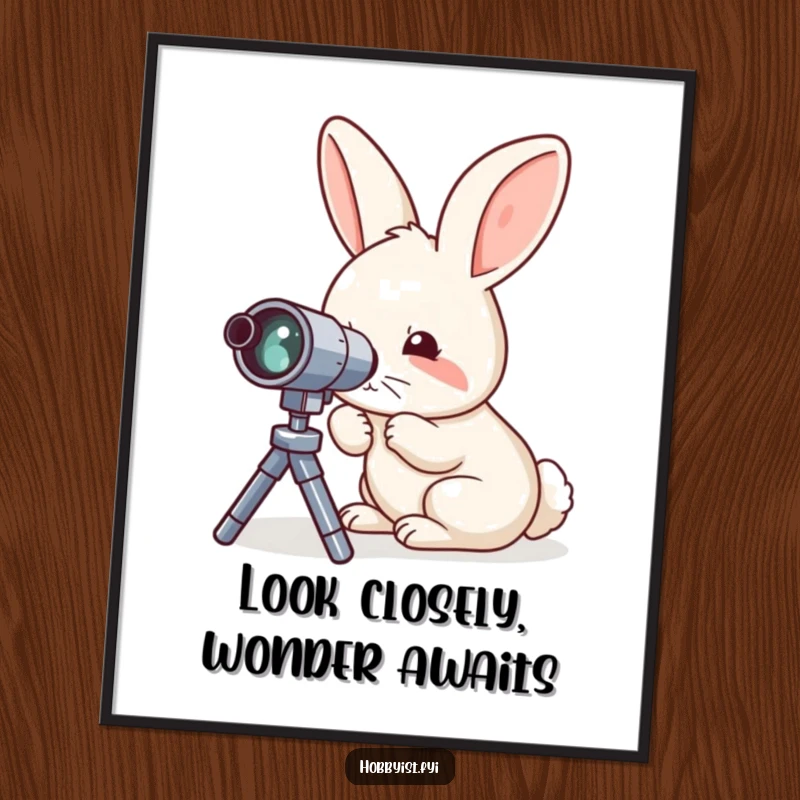 Funny Free Printable Wall Art: Curious rabbit meticulously examining a miniature telescope, starry background, whimsical observation.