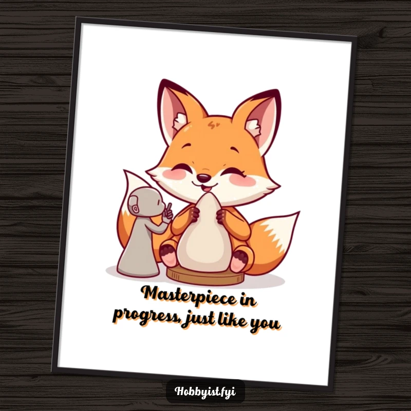 Funny Free Printable Wall Art: Giddy fox with skillful hands, sculpting a clay figure, bringing artistic humor to any room.