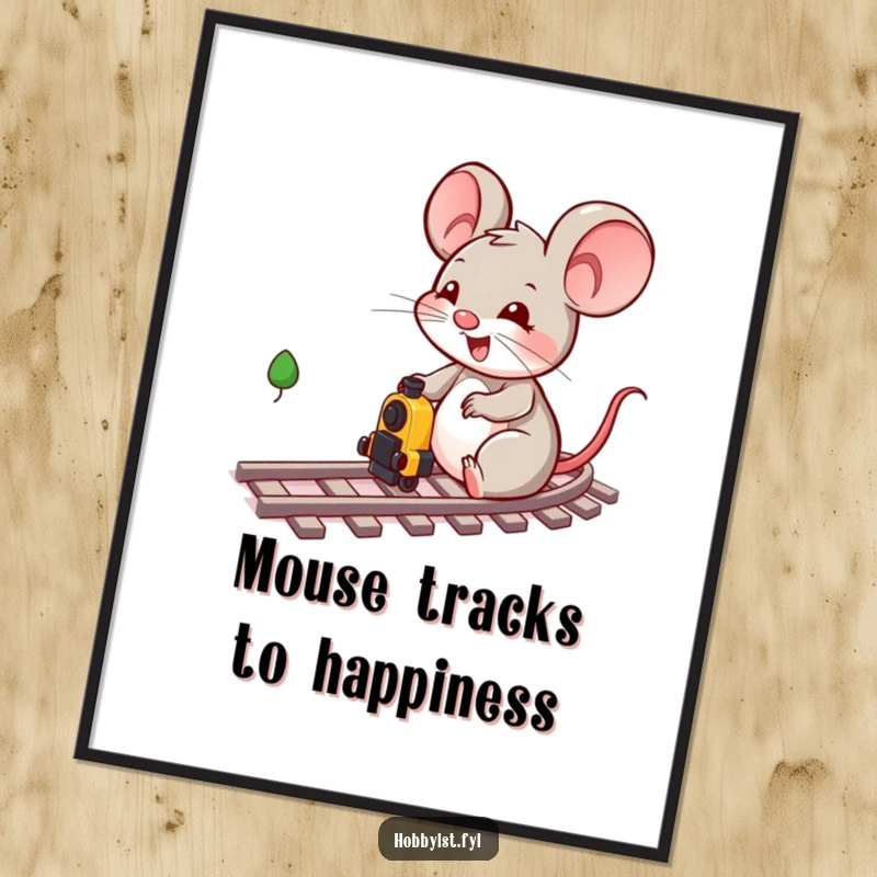 Funny Free Printable Wall Art: Adorable mouse with a conductor hat happily playing with a detailed miniature train set on winding tracks.