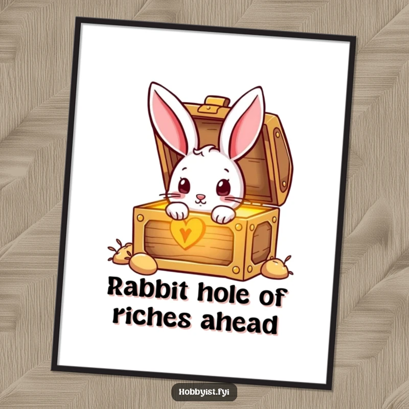 Funny Free Printable Wall Art: A curious rabbit peeking into a mysterious, glowing treasure chest, adding humor to any room.