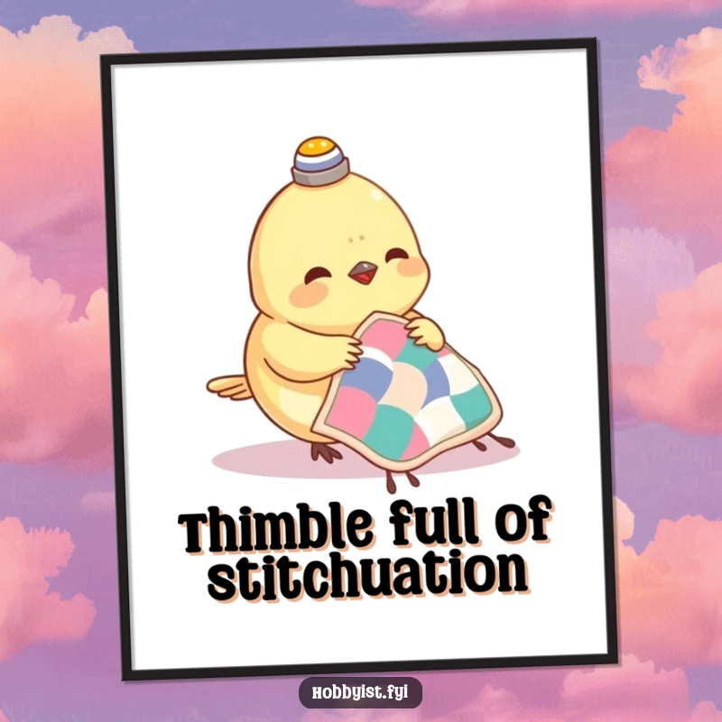 Funny Free Printable Wall Art: A small bird with a thimble on its head happily sewing a tiny quilt