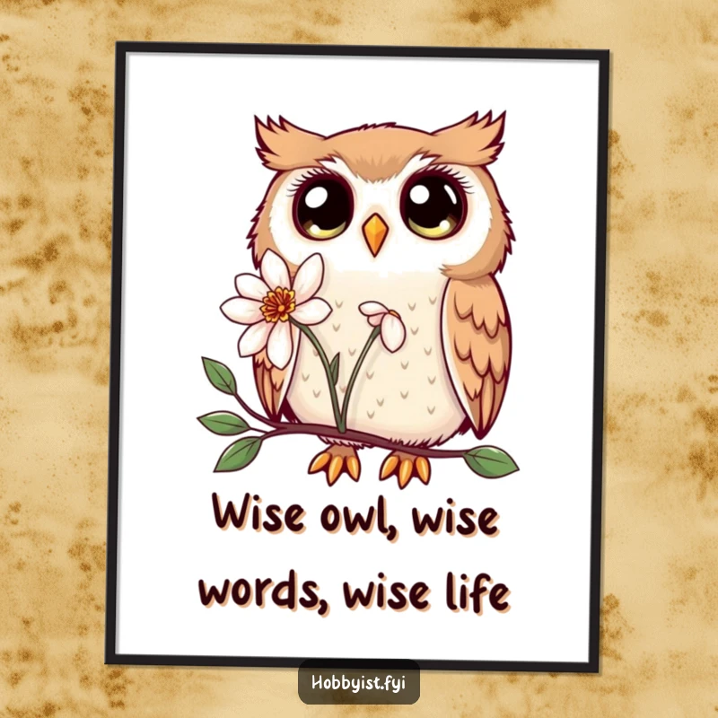 Funny Free Printable Kawaii Owl Wall Art, a curious owl with big eyes studying a flower, ideal for downloadable home decor.