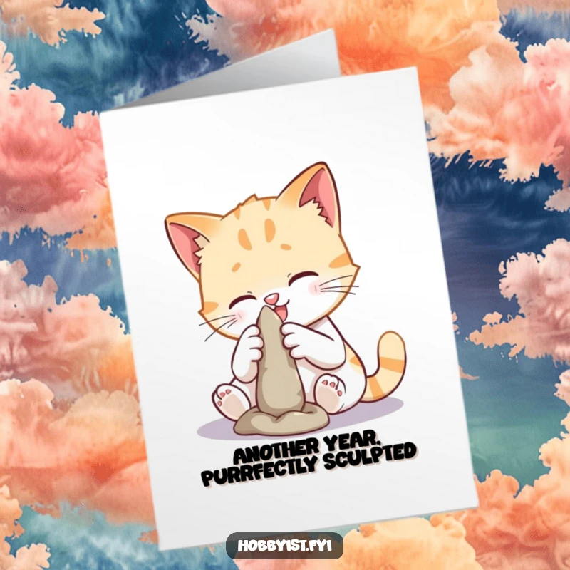 Funny Free Printable Birthday Card featuring a playful cat intensely sculpting a tiny, lopsided clay figure with focused eyes.