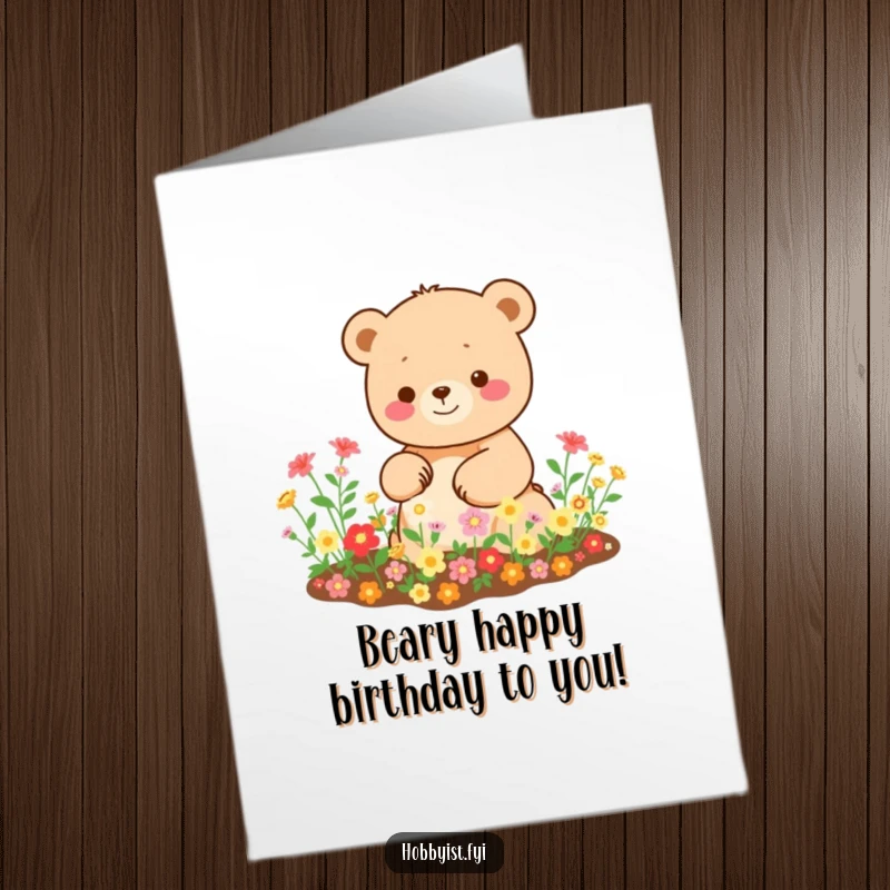 Funny Free Printable Kawaii Bear Birthday Card, a happy bear tending a vibrant miniature garden, perfect for a downloadable birthday wish.