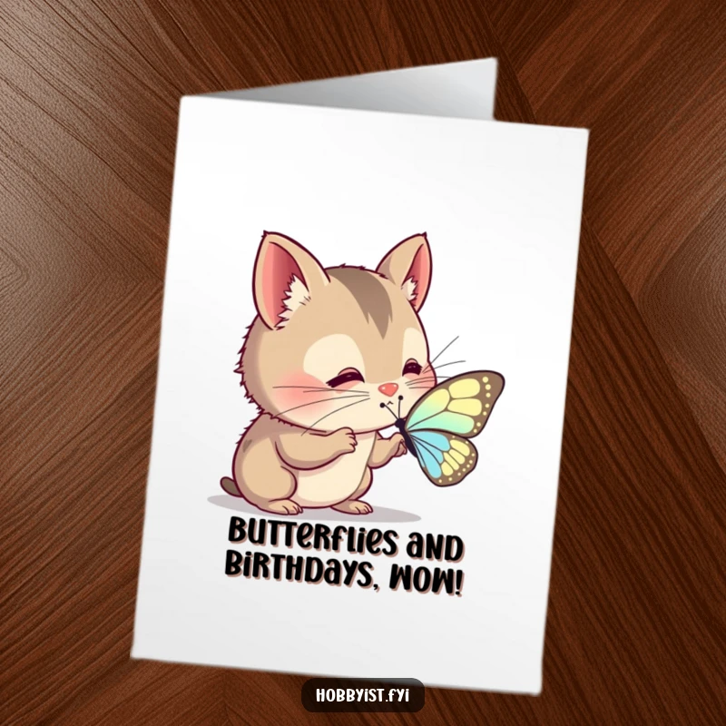 Funny Free Printable Birthday Card: A curious creature with twitching whiskers intently examines the intricate pattern on a delicate butterfly wing.