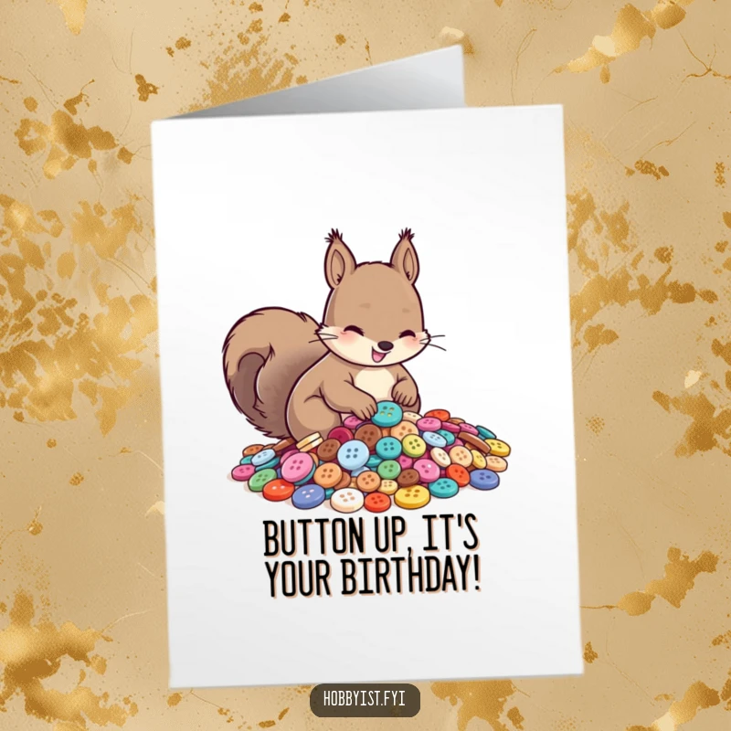 Funny Free Printable Birthday Card: Adorable squirrel smiling while sorting shiny buttons, a quirky and delightful card.