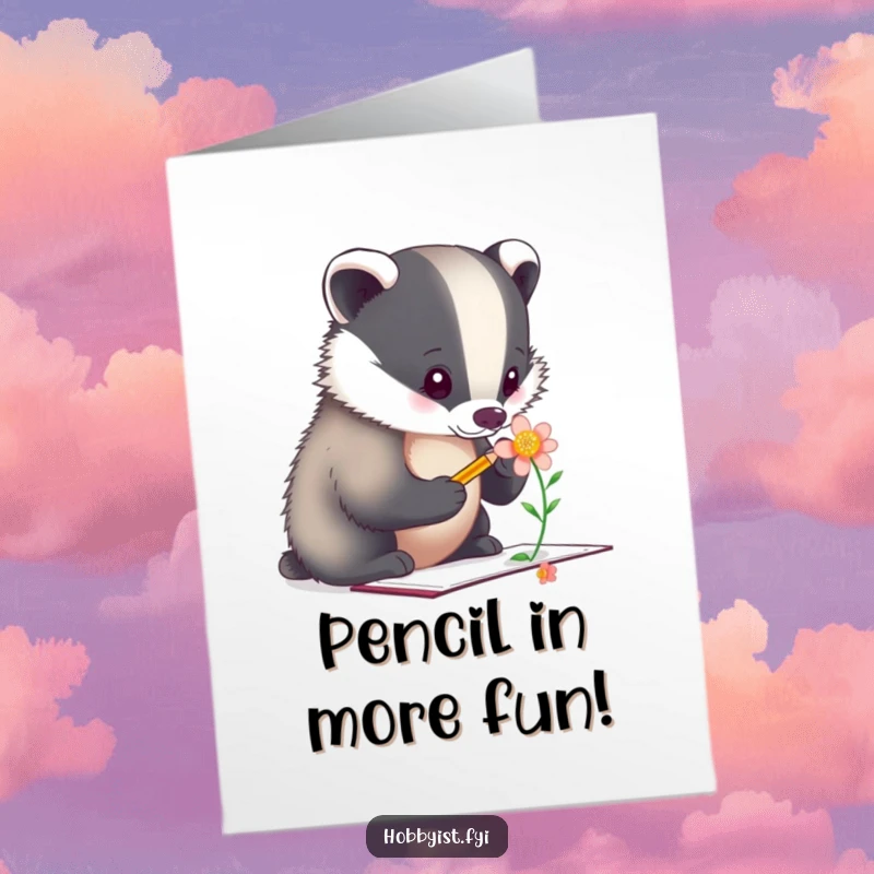 Funny Free Printable Birthday Card: A focused badger artist sketching a flower with intense concentration and a tiny pencil.